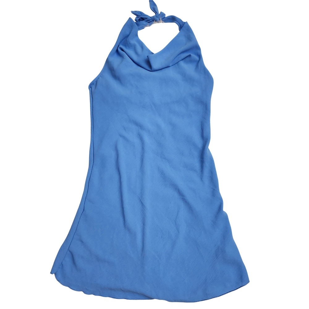 See You Monday Blue Halter Cowl Neck Open Back Mini Dress‎ LG Date Night Summer